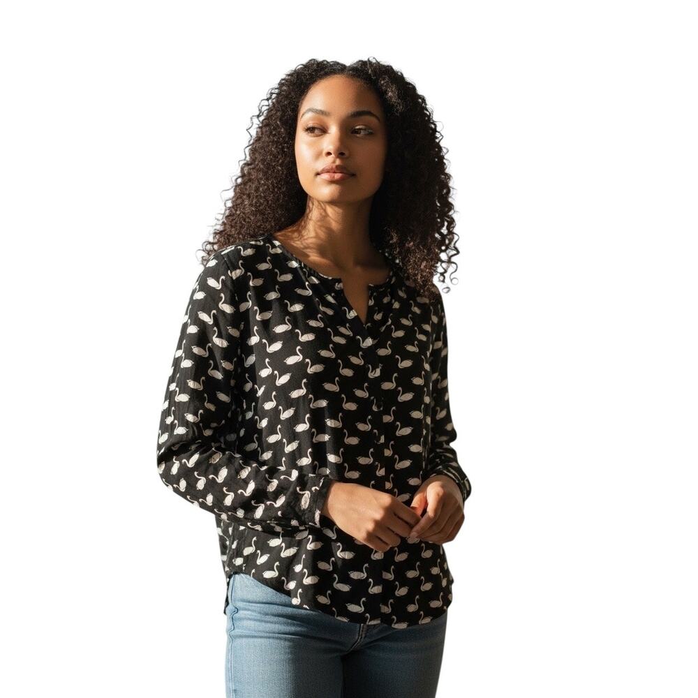 Swan Print Button Front Blouse Whimsical Parisian Long Sleeve Top Sz S